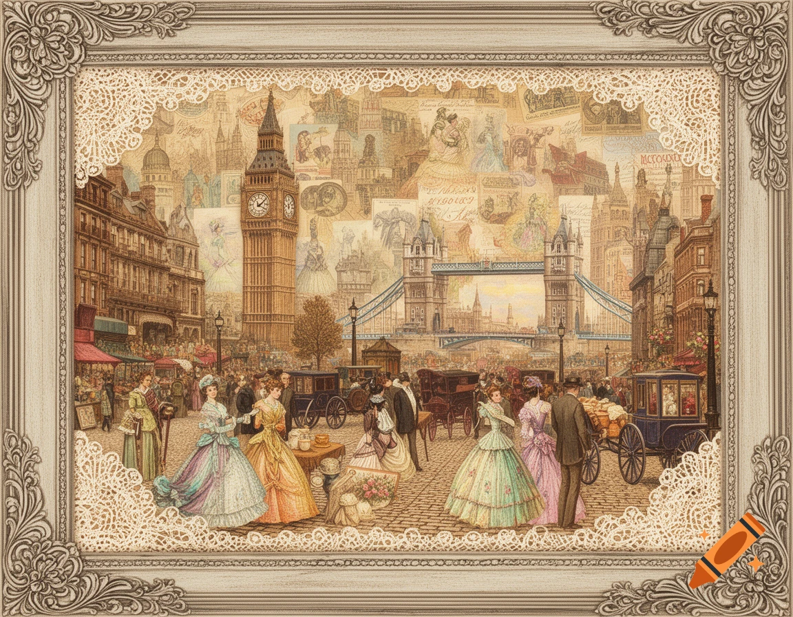 A colorful decoupage collage depicting a nostalgic Victorian London street scene with Big Ben, Tower Bridge, and people in period clothing.