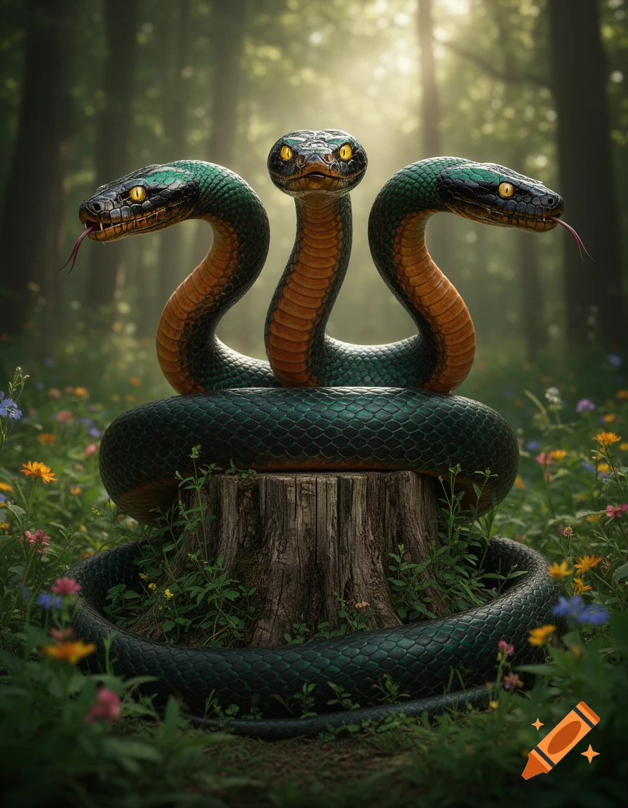 A photorealistic three-headed green and orange snake coiled around a tree stump in a sunny forest with wildflowers.