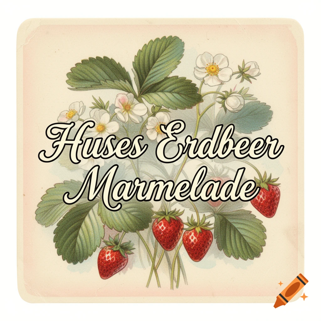 Vintage botanical illustration of a strawberry plant with leaves, flowers, and berries, featuring the text 'Huses Erdbeer Marmelade'.