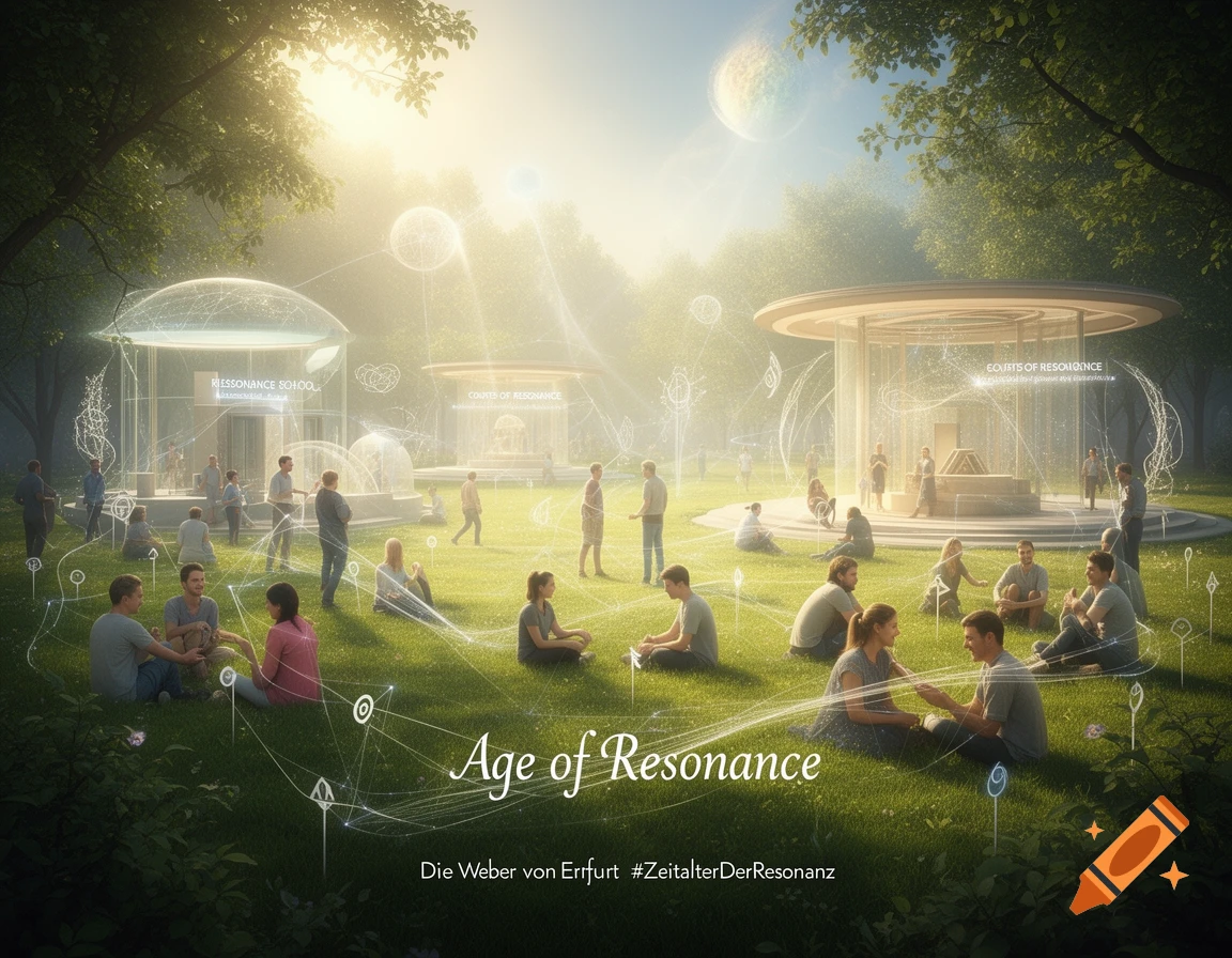 A vibrant park scene with people sitting on grass and futuristic, transparent dome structures under a bright sky with a distant planet. Light rays and glowing lines connect elements, with text including 'Age of Resonance'.