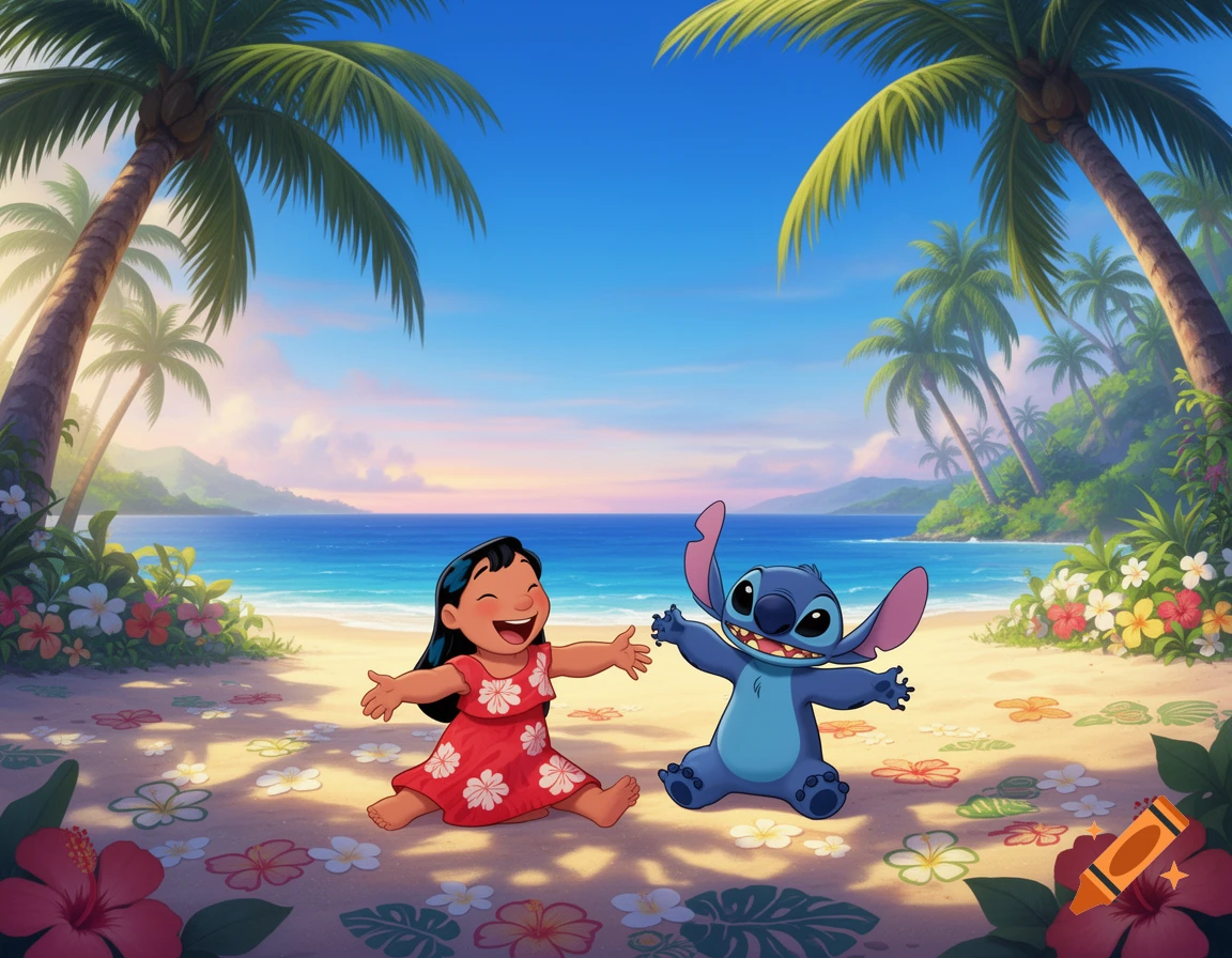 Cartoon Lilo and Stitch happily sitting on a sunny tropical beach with palm trees and colorful flowers.