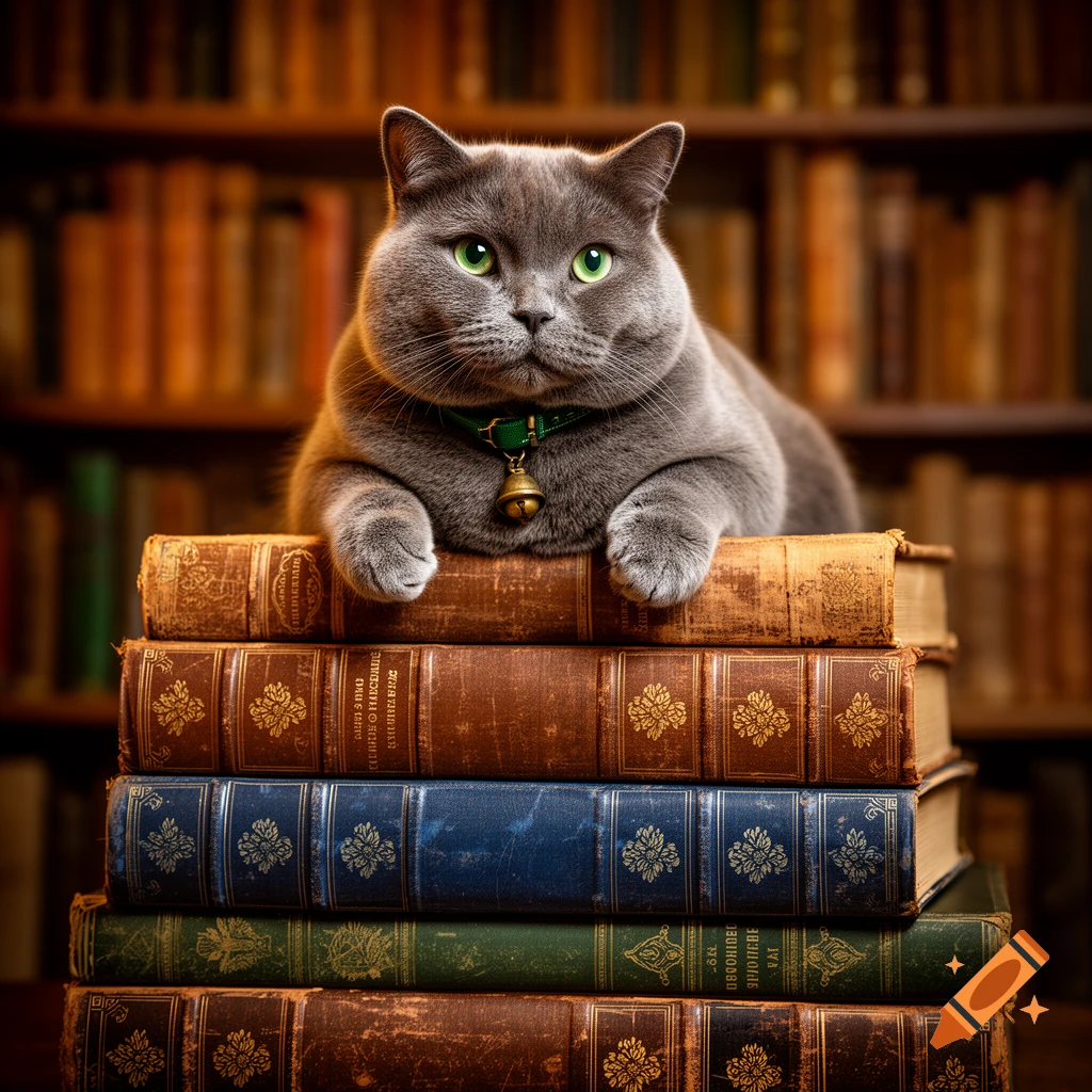 A photorealistic image of a plump gray British Blue cat with green eyes and a green bell collar, lying on a stack of antique books in a library.