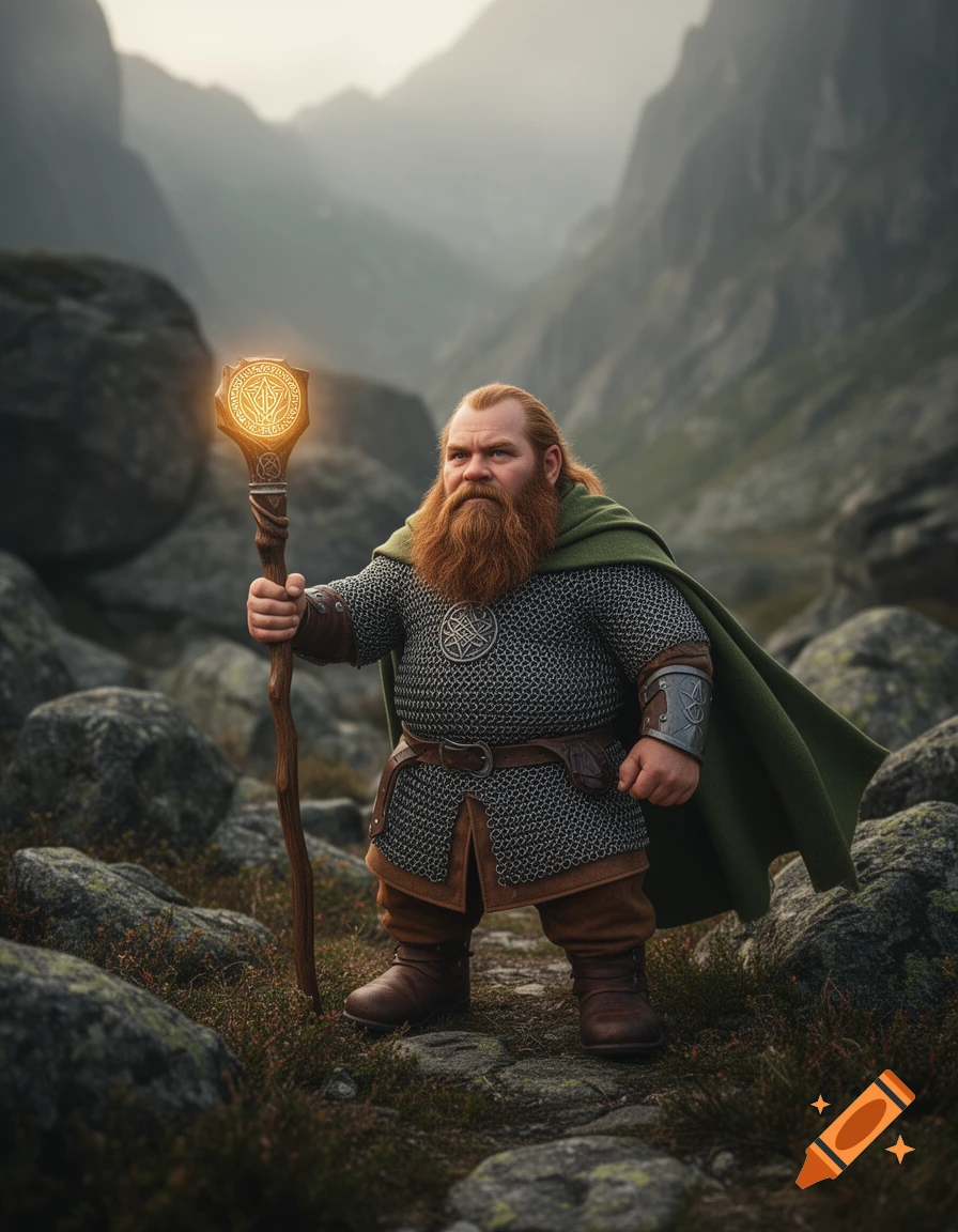 Photorealistic portrait of a red-bearded dwarf cleric in chainmail and green cloak, holding a glowing staff in a rocky mountain landscape.