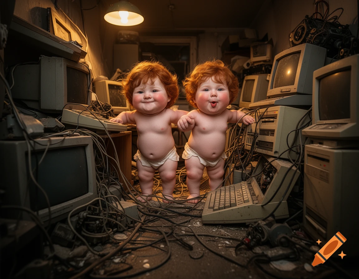 Two red-haired babies in diapers stand amidst a messy room filled with vintage computers and wires, under a warm light. Photorealistic.