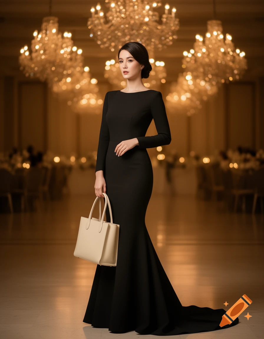 A woman in a black mermaid dress holds a cream tote bag in a luxurious ballroom lit by chandeliers.
