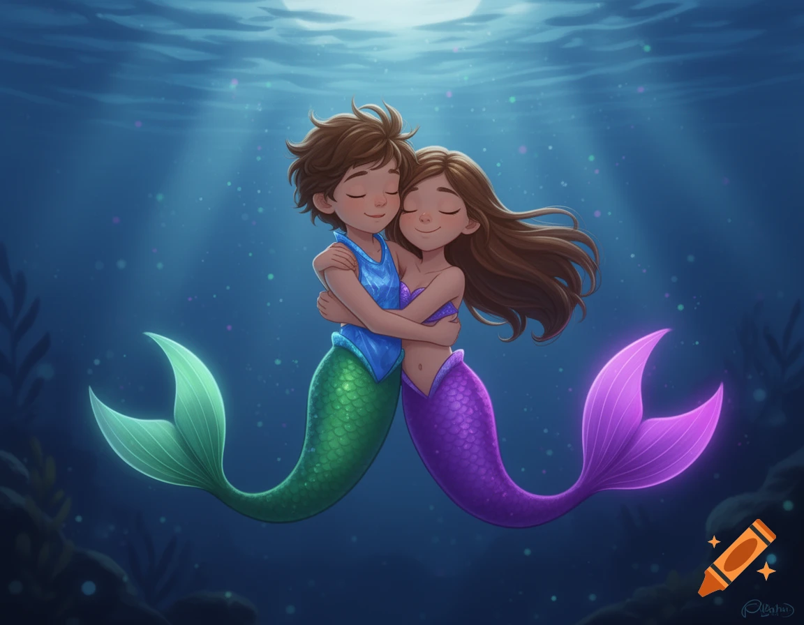 Two cartoon mermaid children, one with a green tail and blue top, the other with a purple tail, hug underwater.