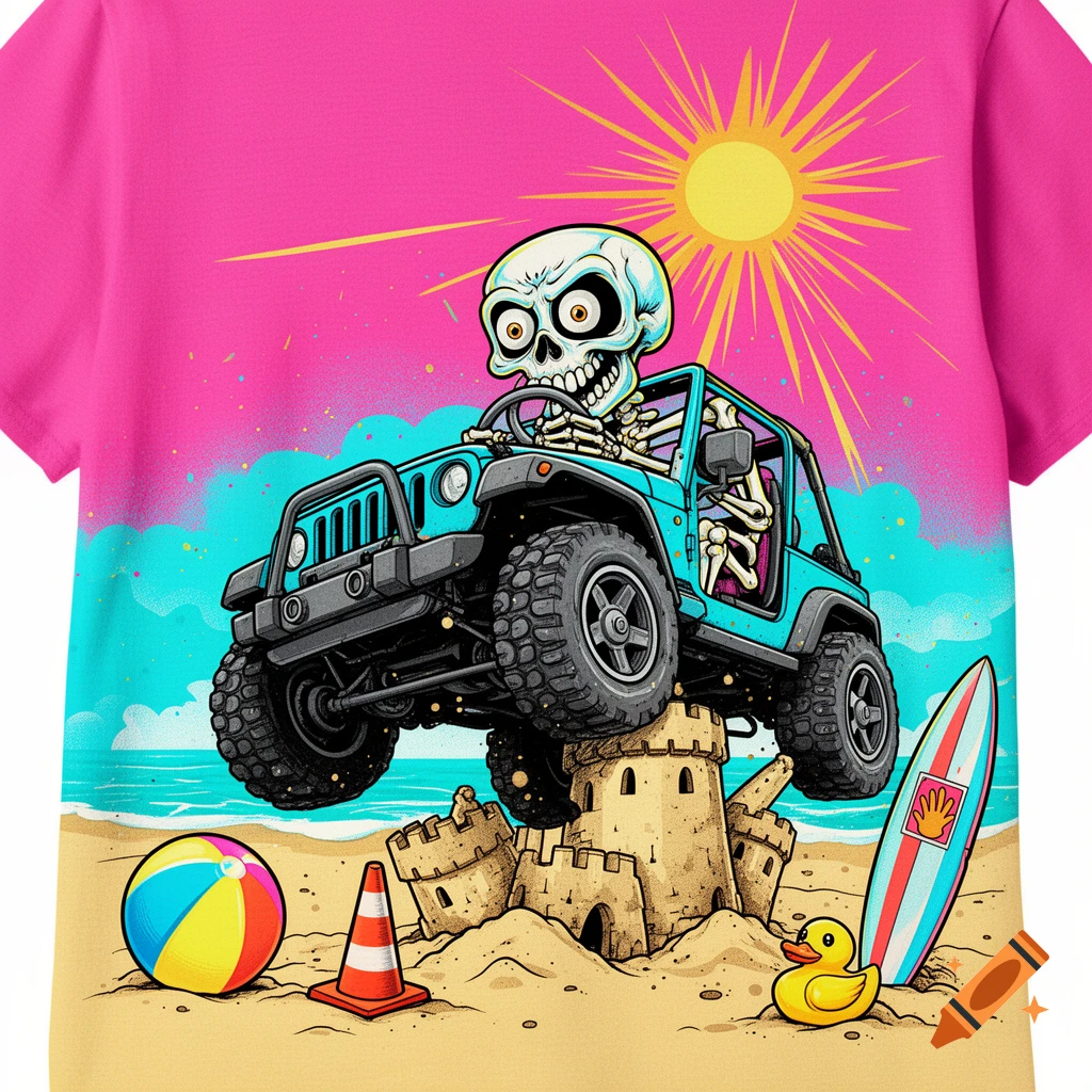 A vibrant cartoon shows a skeleton in a blue jeep flexing on a sandcastle at a beach, with a beach ball, traffic cone, rubber duck, and surfboard.