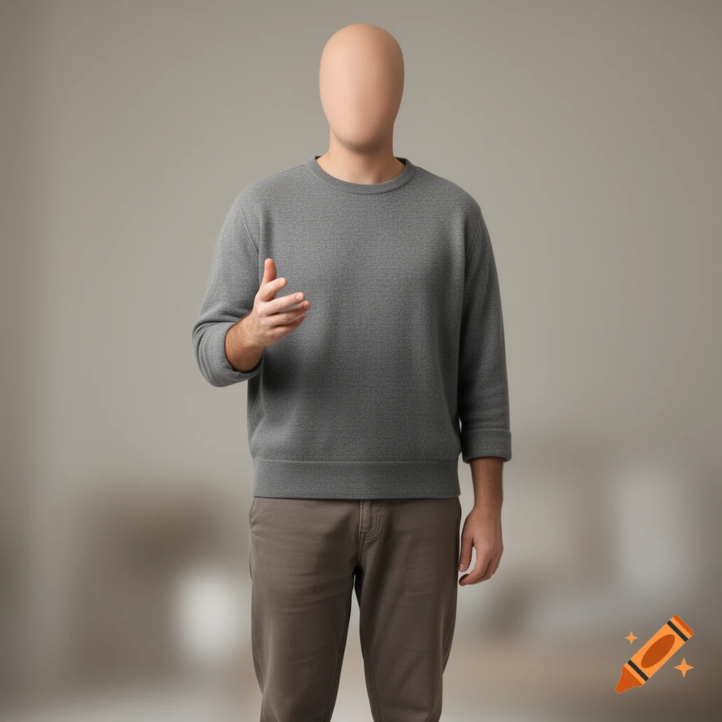 A person with a blank, smooth head, wearing a grey sweater and brown pants, standing and gesturing with one hand in a studio setting.
