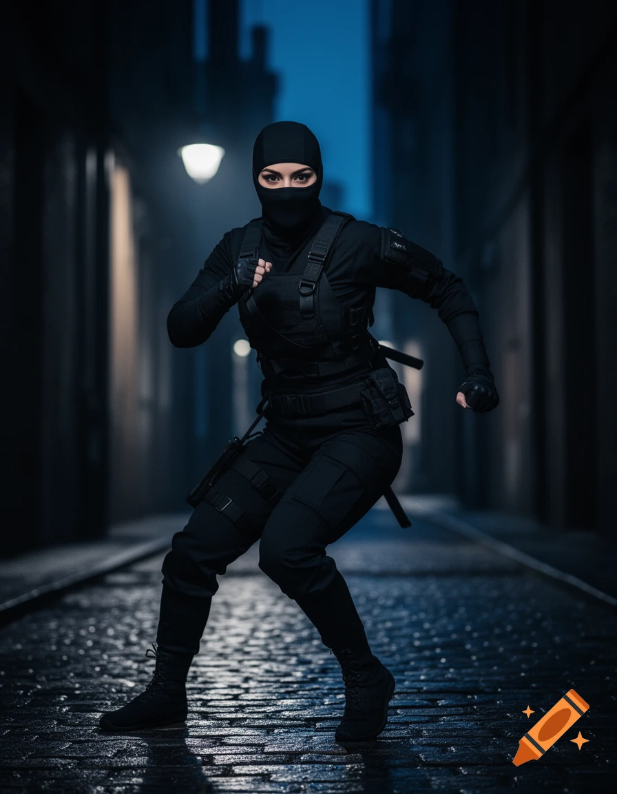 A masked female ninja soldier in a tactical suit crouches in a dark, wet urban alley at night.
