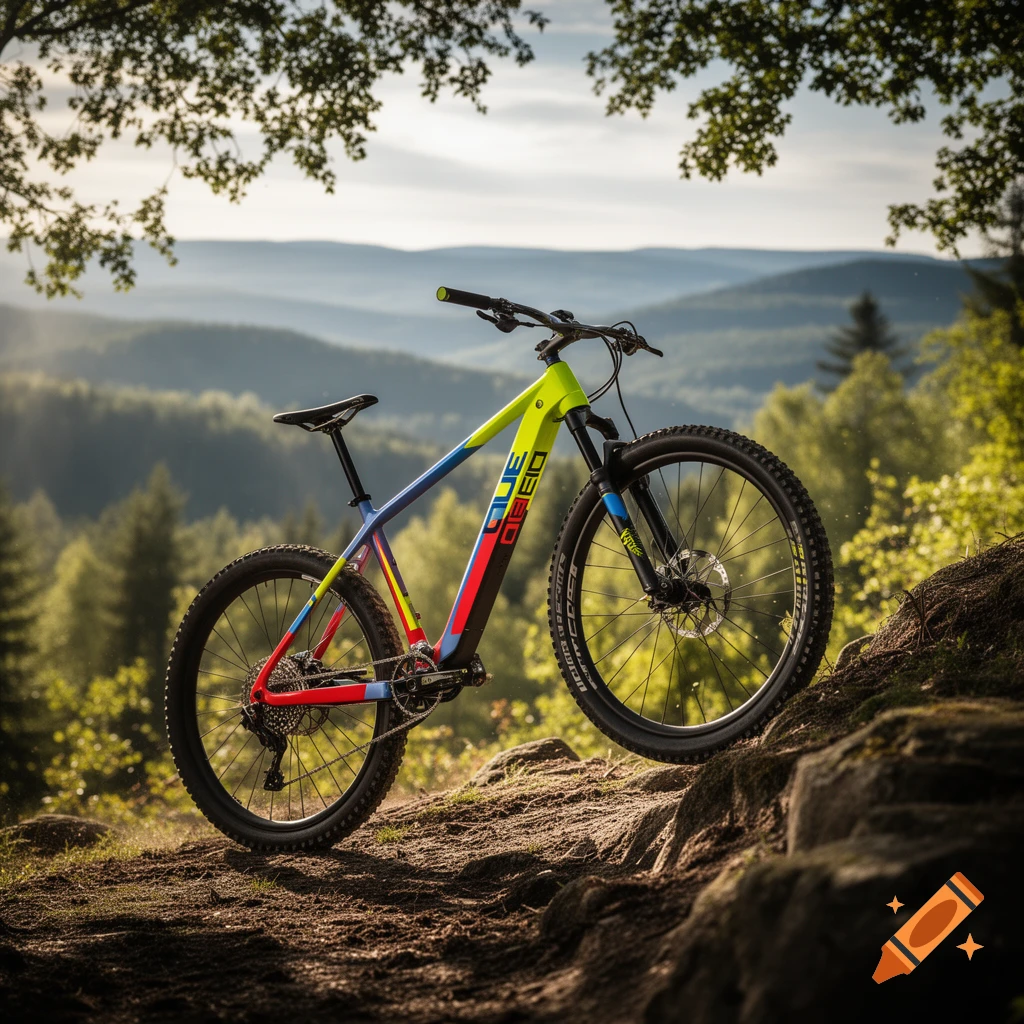 A vibrant, multi-colored mountain bike with a stylized frame on a rocky trail, with a lush forest and misty mountains in the background.