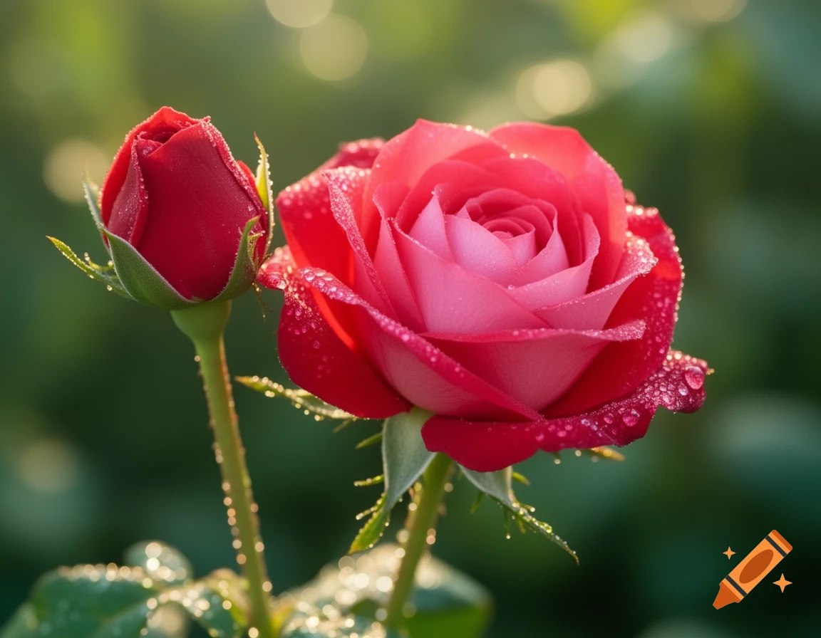 Close-up of a vibrant red-pink rose in full bloom and a closed bud, both covered in morning dew drops, against a soft green background.