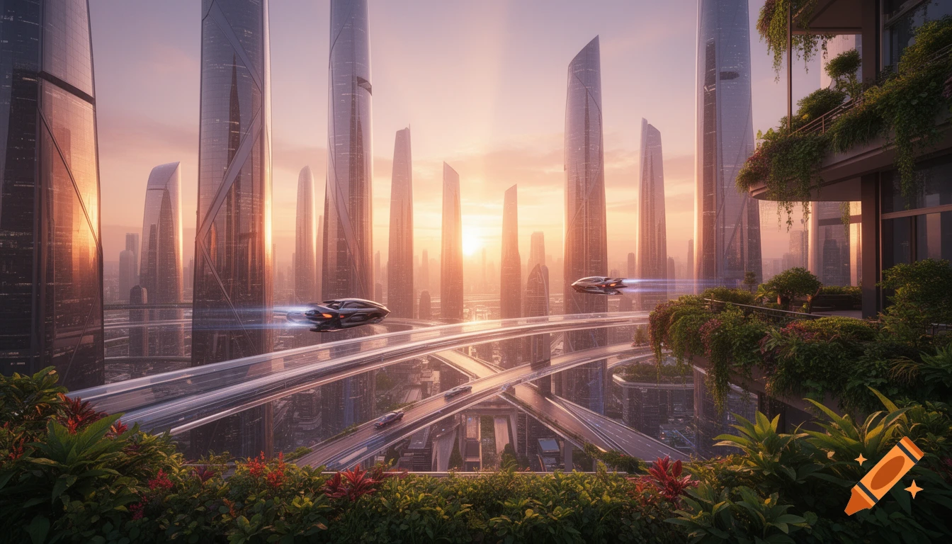 A vibrant futuristic cityscape with towering skyscrapers, elevated highways with flying vehicles, and lush green plants at sunrise.
