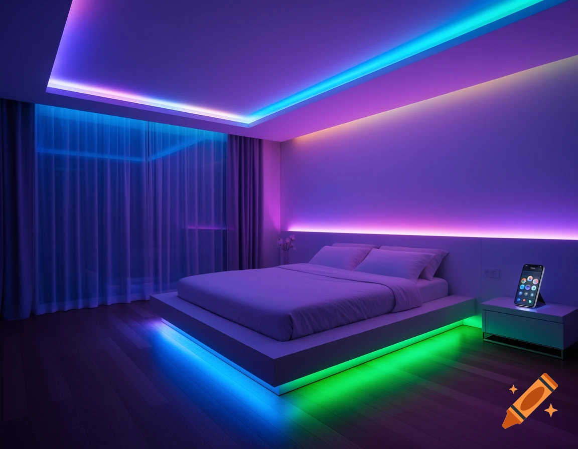 A modern bedroom with a platform bed and colorful RGB LED strip lights on the ceiling, walls, and under the bed. A smartphone sits on a nightstand.