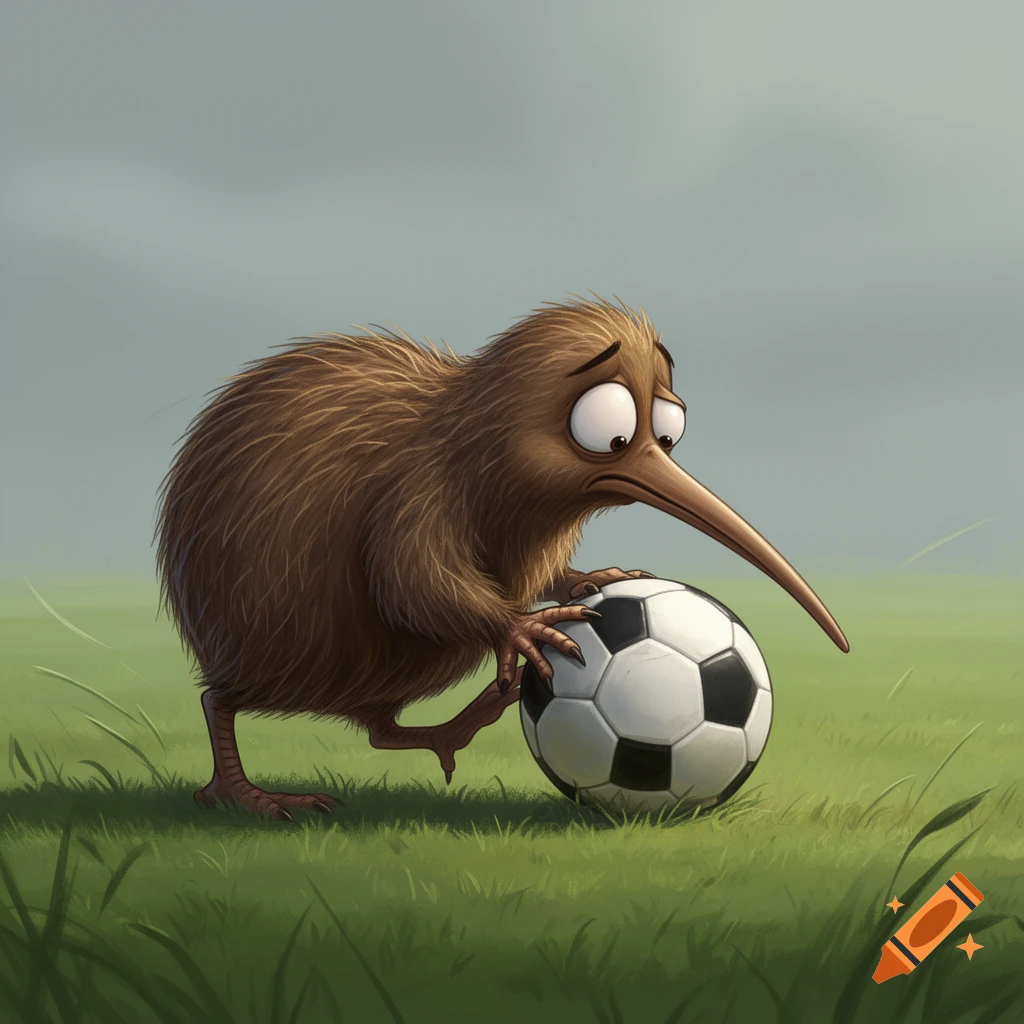 A sad cartoon kiwi bird tapping a black and white soccer ball on a green grassy field under a grey sky.