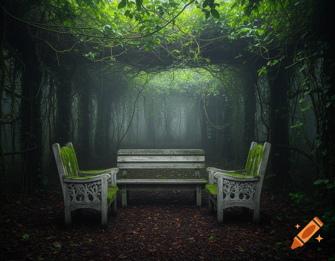 A serene, misty forest scene with moss-covered ornate chairs and a bench under an archway of tangled green vines.
