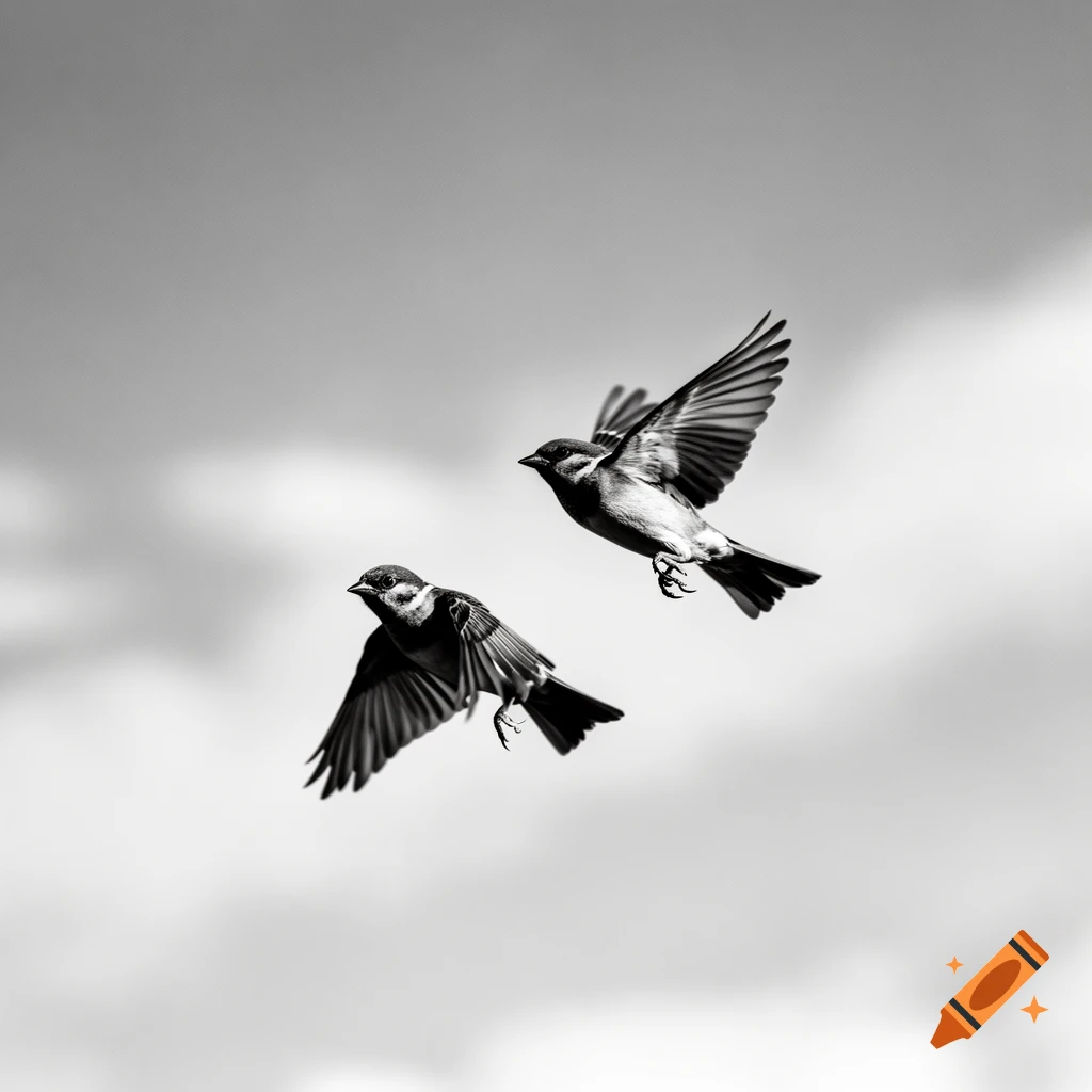 Two sparrows flying in a black and white photorealistic style against a soft, cloudy sky.