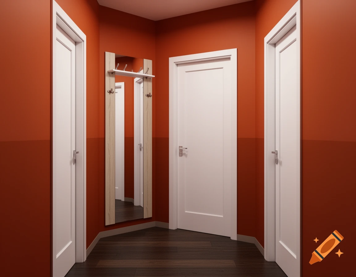 A photorealistic hallway with dark orange walls, white doors, a dark wood floor, and a white and Sonoma oak wardrobe with a mirror and hooks.