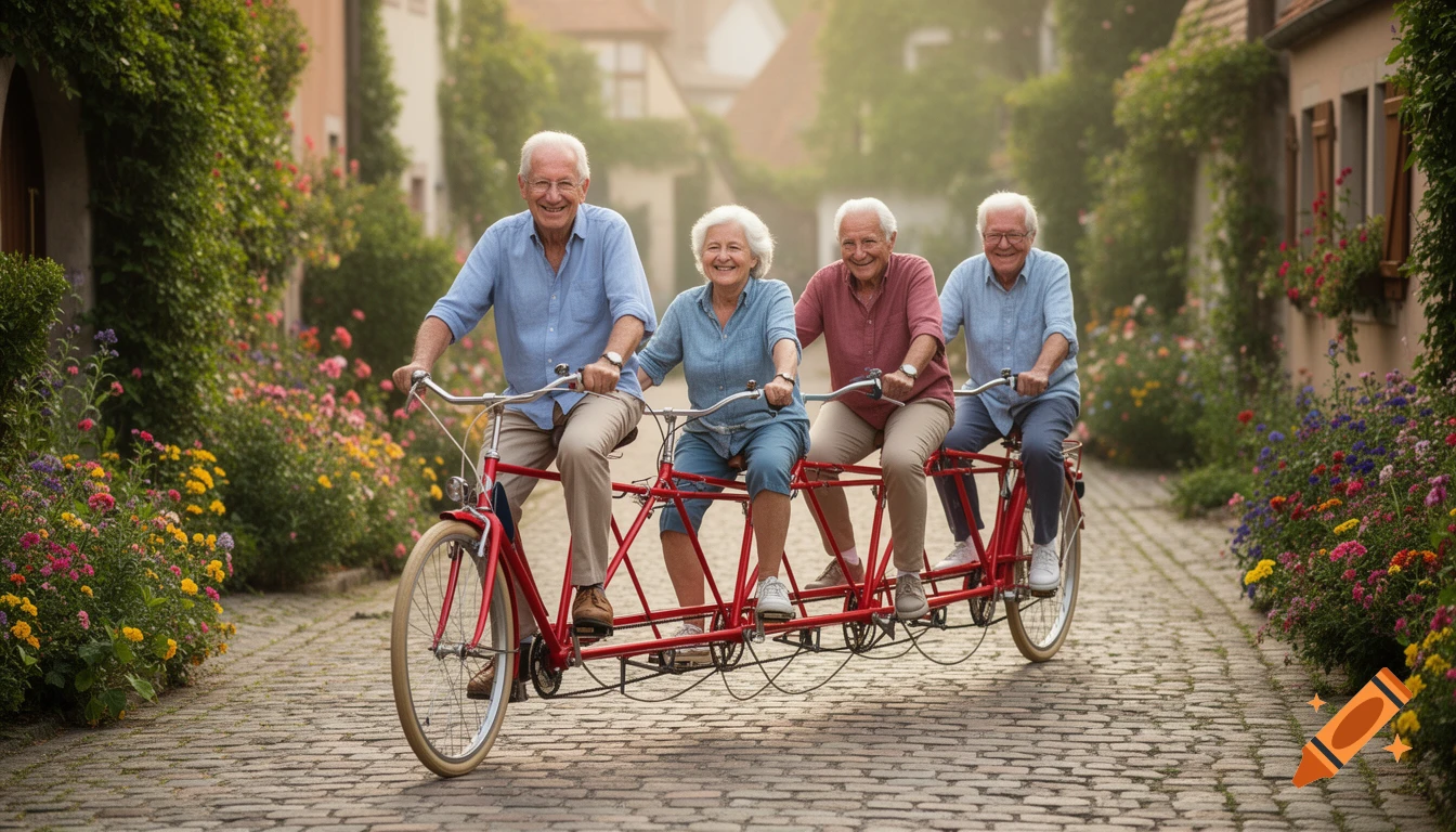 Four smiling elderly people ride a long red tandem bicycle on a cobblestone path amidst colorful flowers.