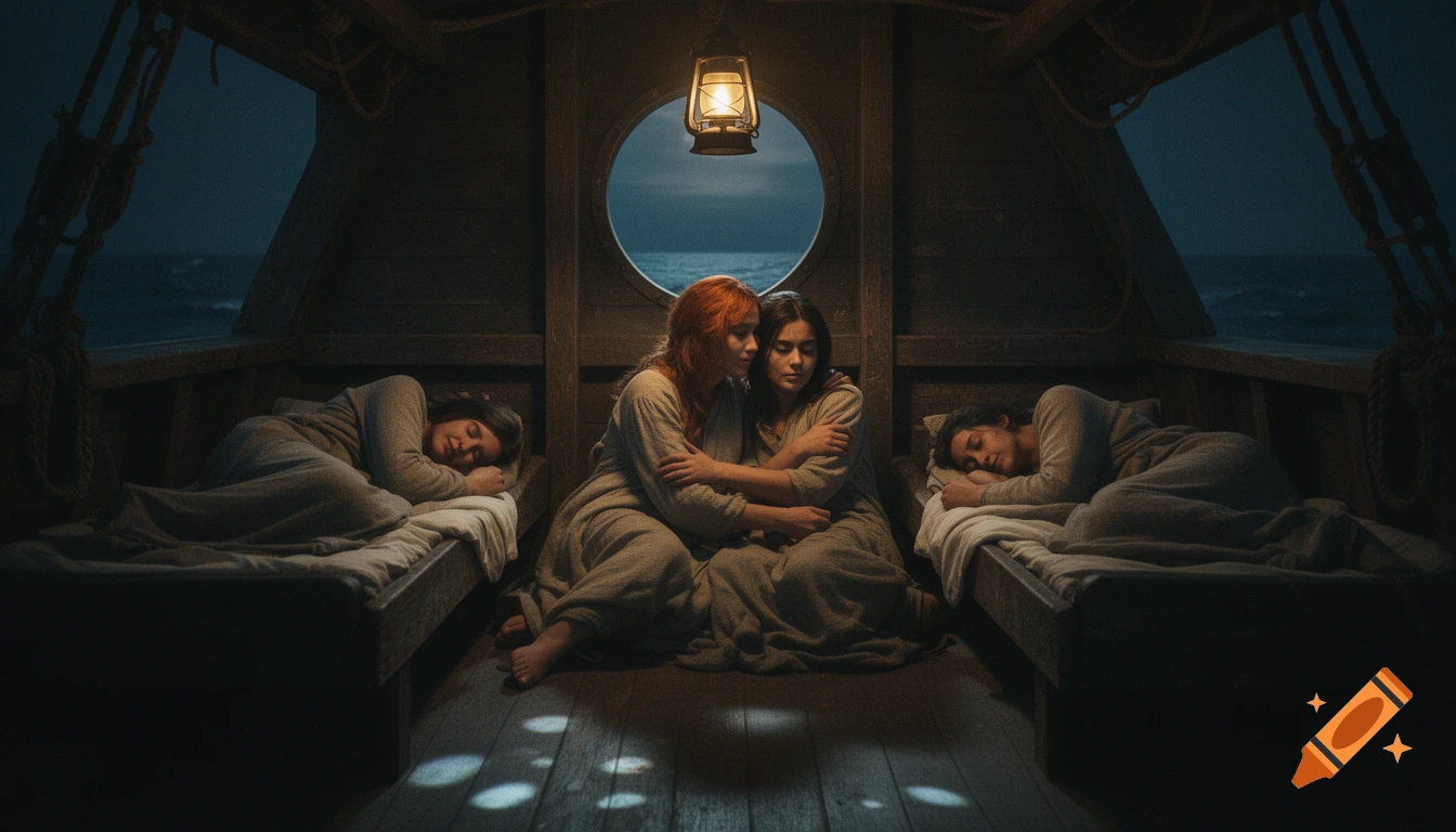 Two women embrace in a dim, rustic ship cabin at night, lit by a lantern and moonlight from a porthole. Two others sleep nearby. Realistic.