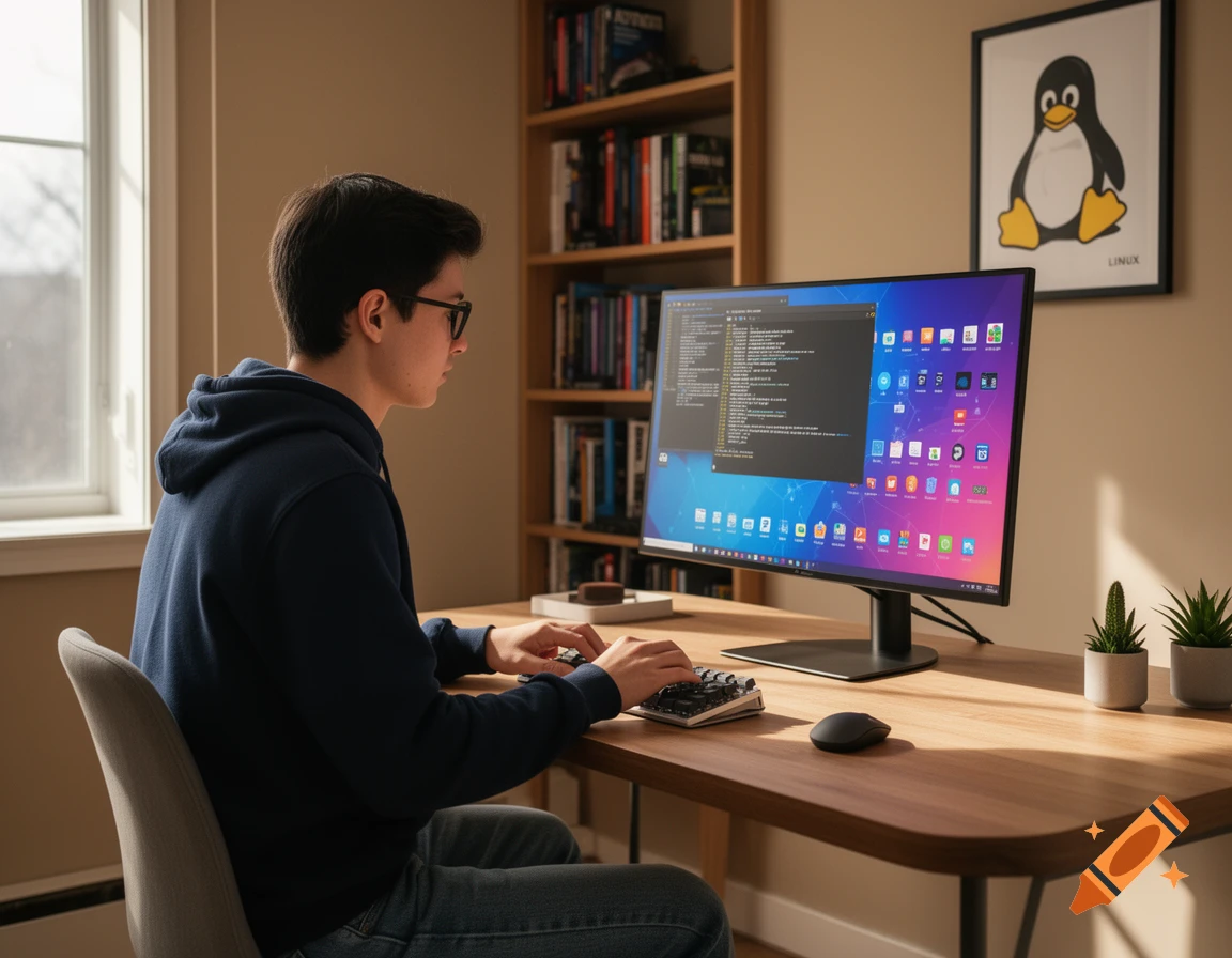 A young man in a hoodie and glasses works on a computer with a Linux desktop in a well-lit home office.