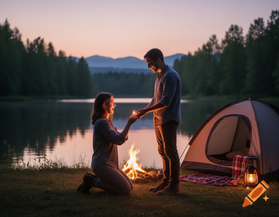 A man stands happily as a woman kneels to propose to him by a campfire next to a lake at sunset, with a tent nearby.