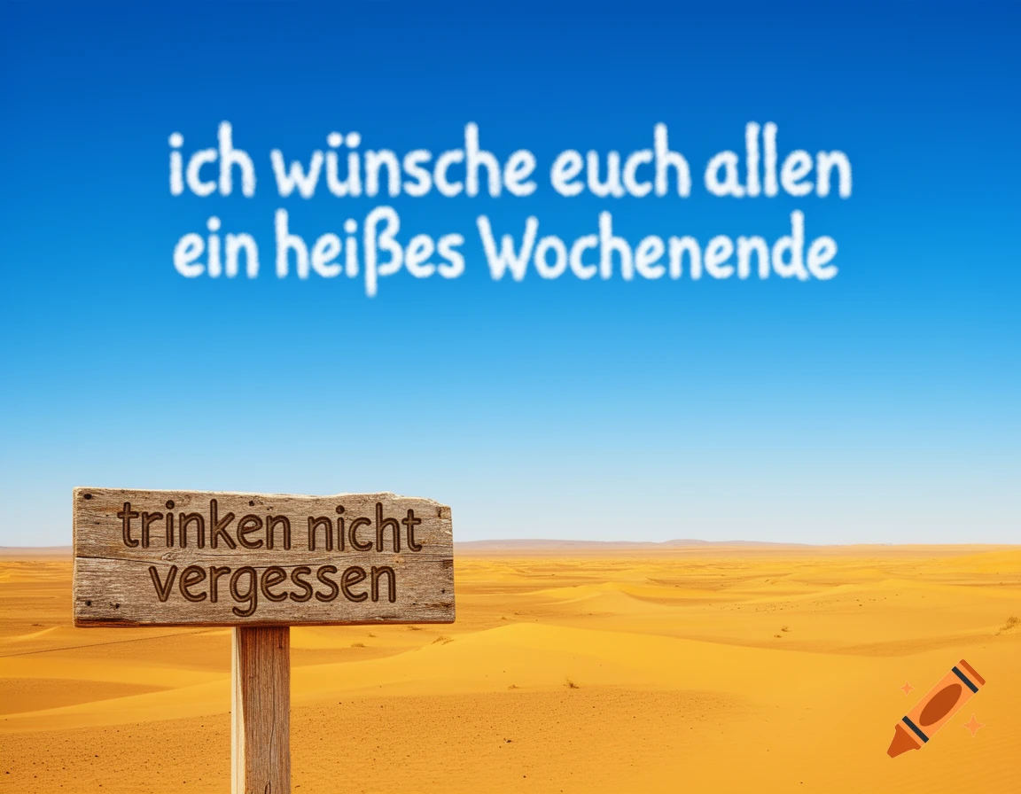A desert landscape with a wooden sign saying 'trinken nicht vergessen'. The sky above has cloud-like text reading 'ich wünsche euch allen ein heißes Wochenende'.