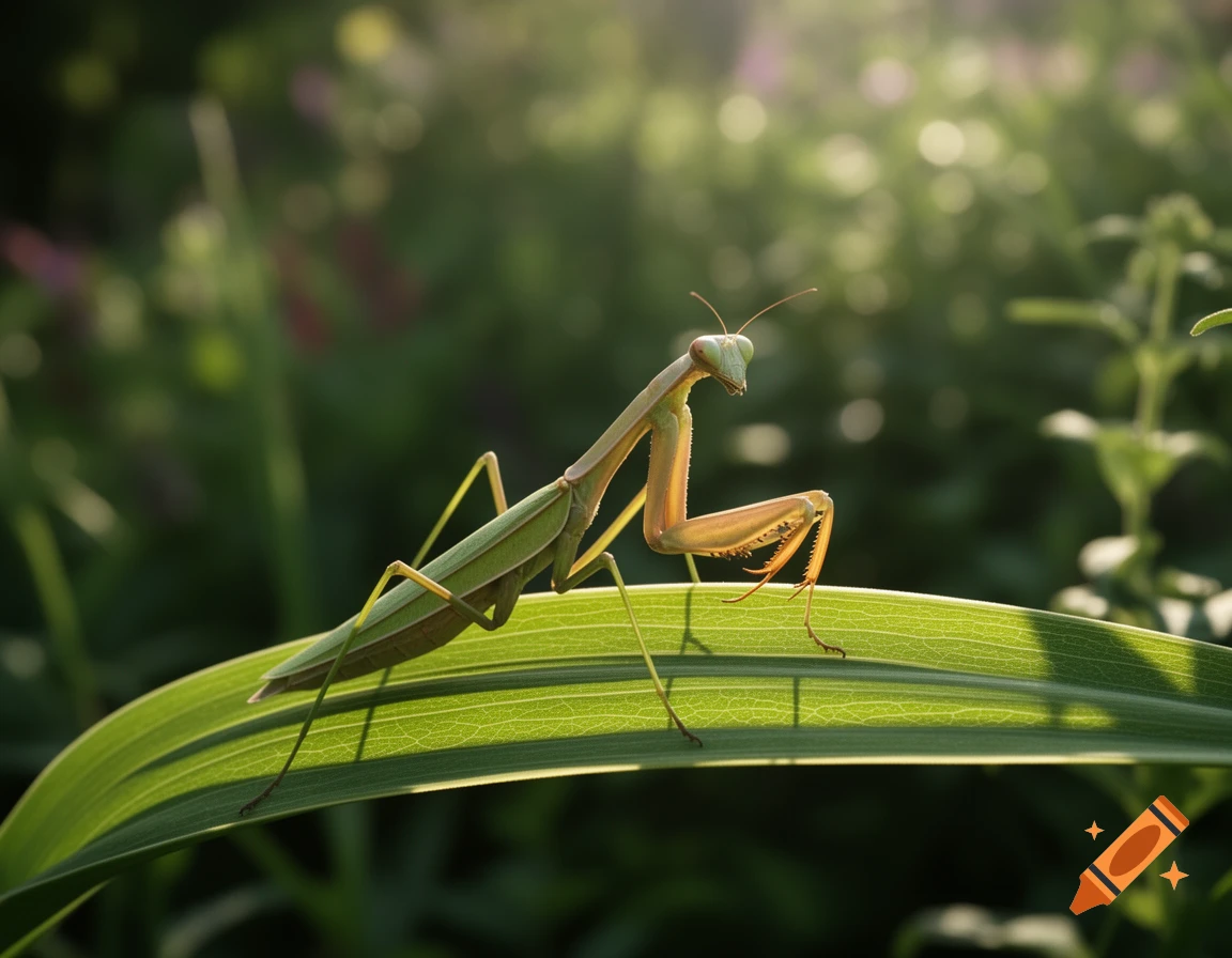 A photorealistic close-up of a green praying mantis perched on a large green leaf, bathed in warm sunlight.