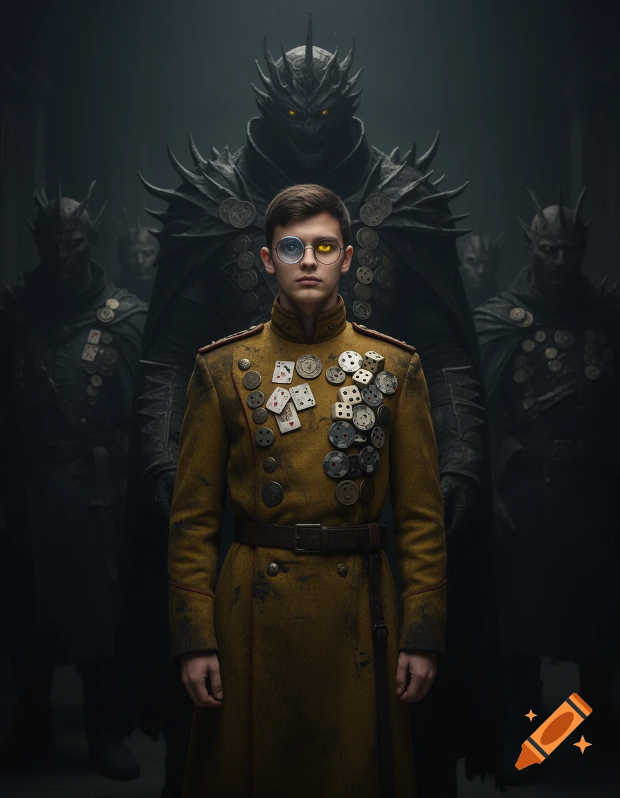 A young man in a worn yellow-ochre uniform with gambling-themed badges stands before dark, monstrous figures, wearing a monocle with mismatched eyes.