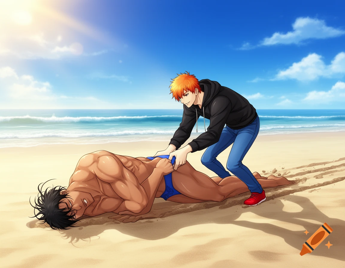 Anime man with orange hair dragging a muscular, unconscious man in a blue thong on a sunny beach.
