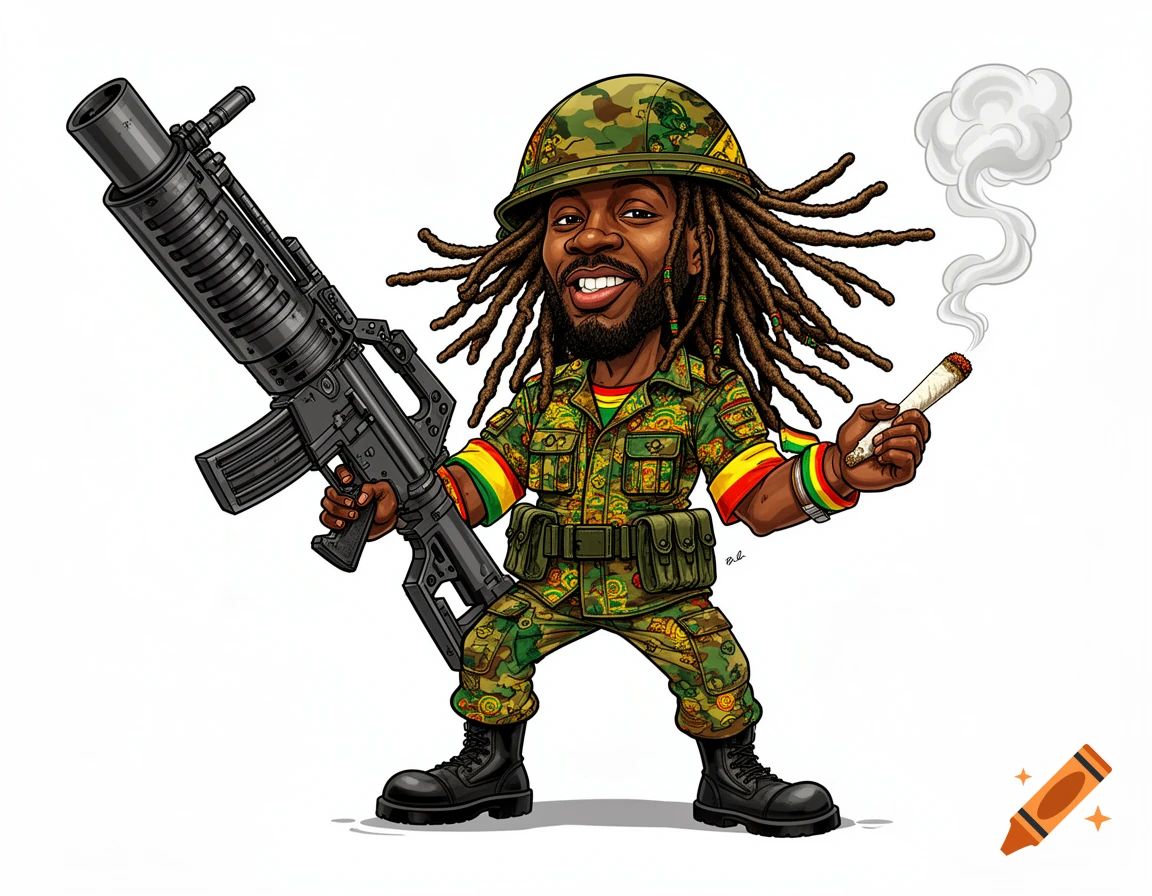 A colorful cartoon caricature of a smiling Rastafarian soldier with dreadlocks, wearing camouflage, holding a giant machine gun and smoking a joint.