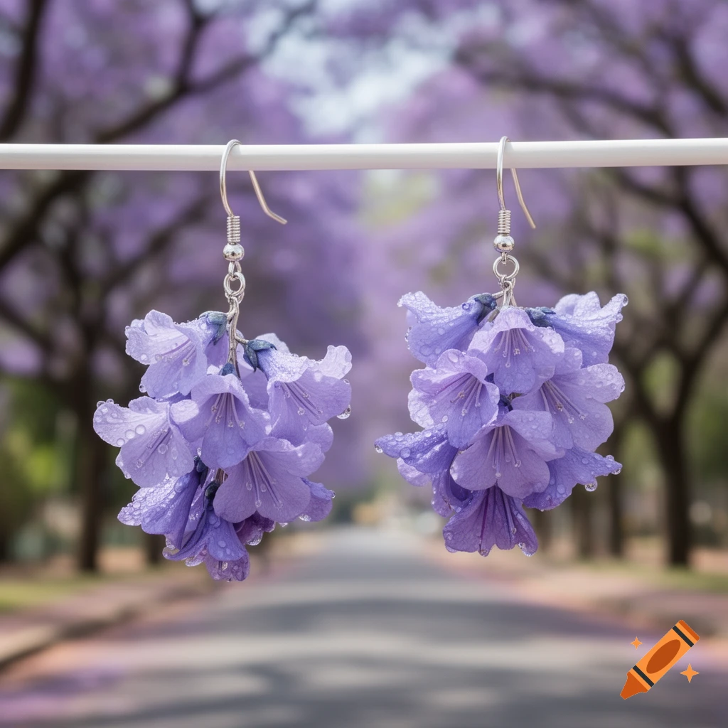 A pair of purple jacaranda flower earrings with water droplets, hanging on a white bar, with a blurred purple jacaranda tree-lined street in the background.