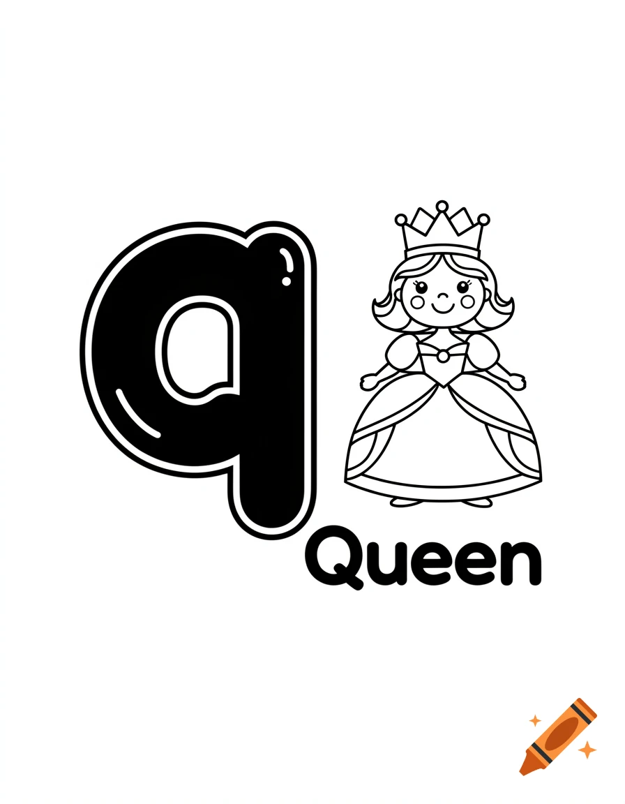 Black and white coloring page for kids with a large bubble letter 'q', a cute queen character, and the word 'Queen'.