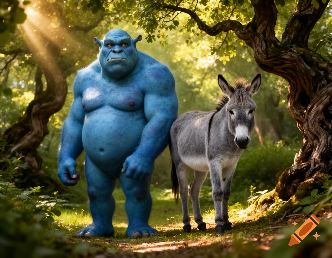 A muscular, blue-skinned ogre stands next to a grey donkey in a sunlit forest, in a realistic style.