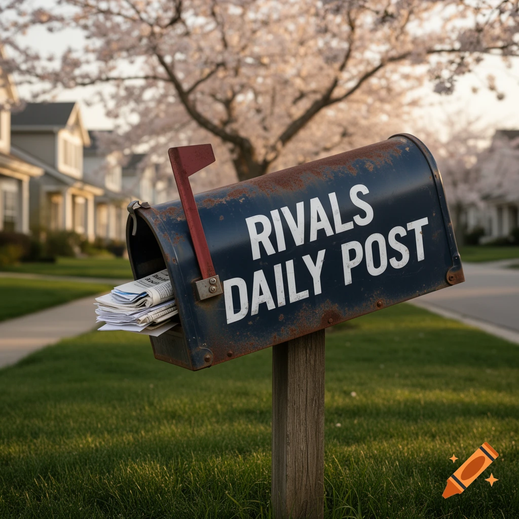A close-up, photorealistic shot of a rusty blue mailbox with "RIVALS DAILY POST" in white text, standing on a grassy lawn in a suburban street with cherry blossoms.