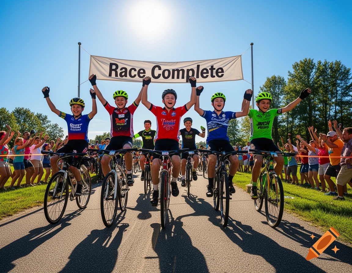Young boys on bicycles celebrate crossing the finish line under a "Race Complete" banner, cheered by spectators.