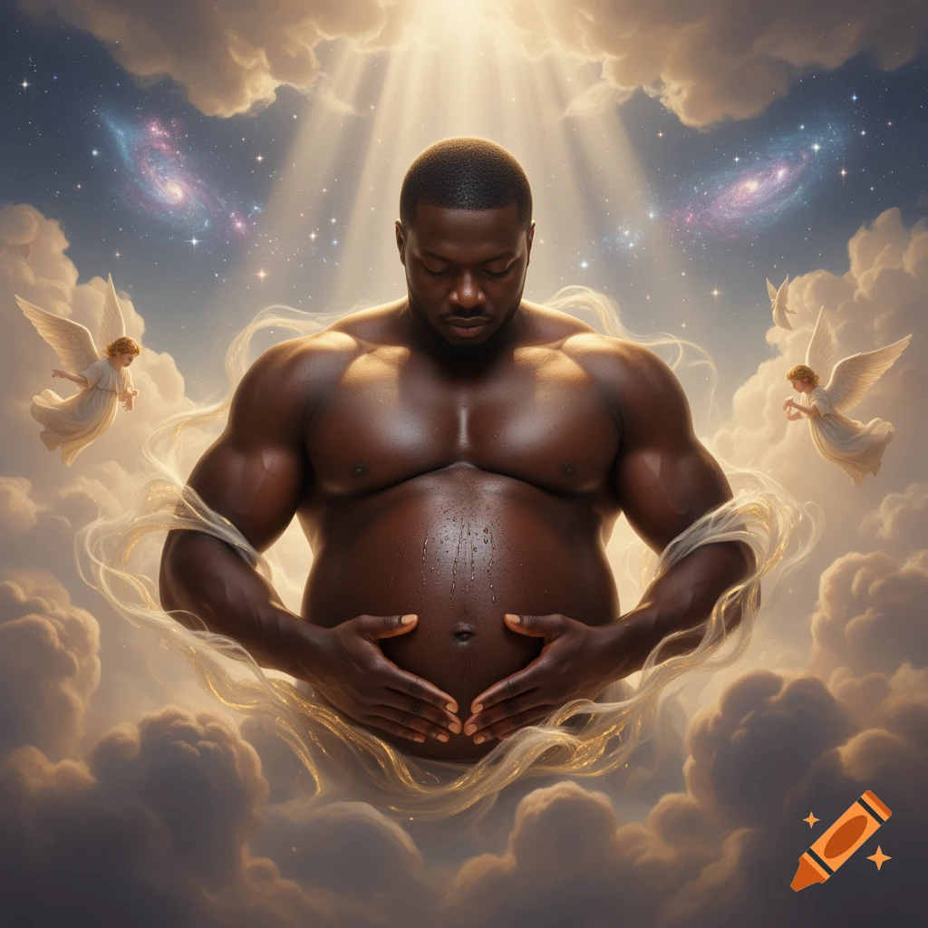 Muscular black man with a pregnant belly holds his abdomen, surrounded by clouds, light, angels, and galaxies in a surreal, spiritual scene.