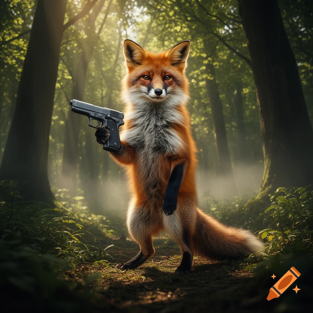 A photorealistic fox stands upright in a forest, holding a pistol.