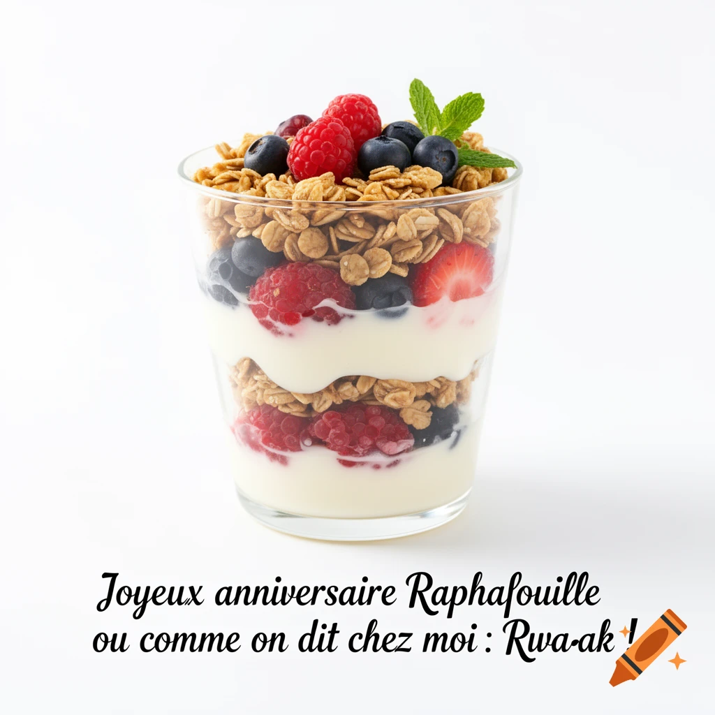 A glass parfait with layers of yogurt, granola, and mixed berries, on a white background with a French birthday greeting.