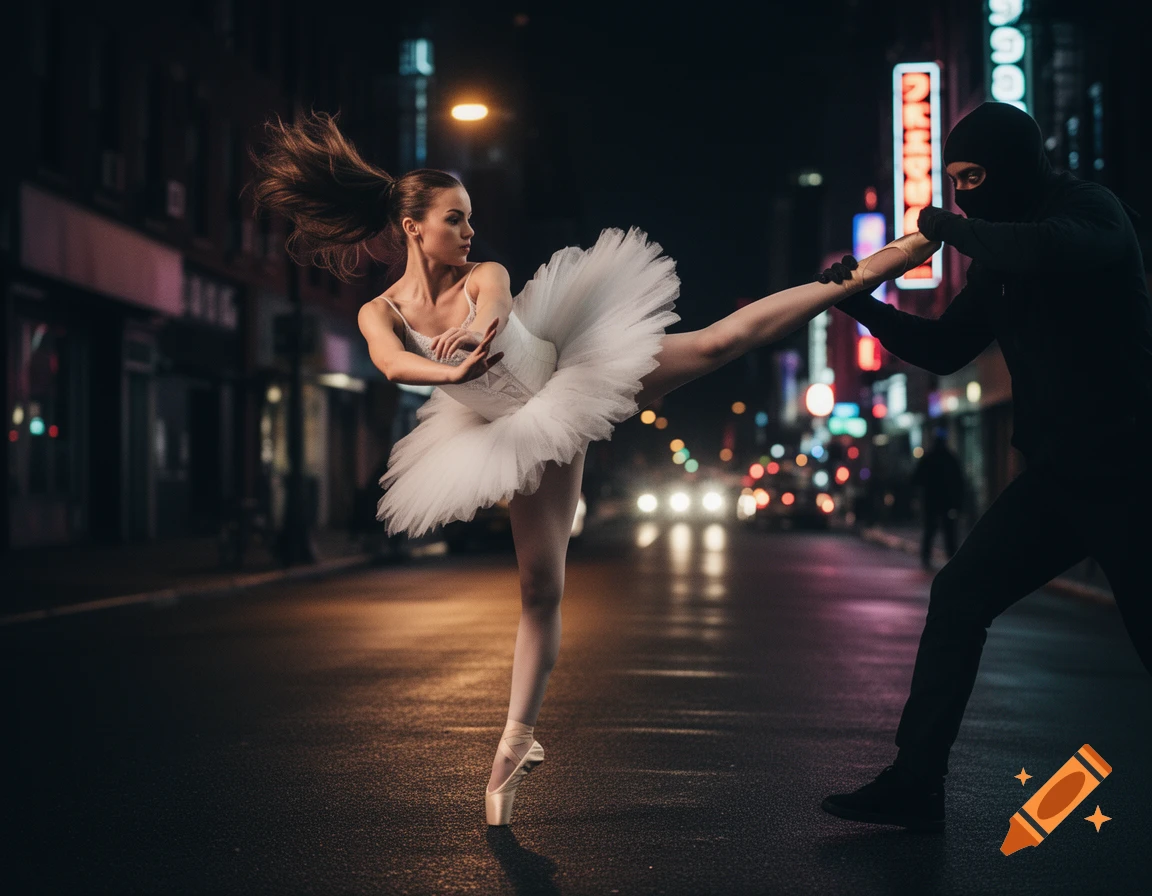 A ballet dancer in a white tutu performs a high kick against a person in a balaclava on a dark city street at night, with neon lights in the background.