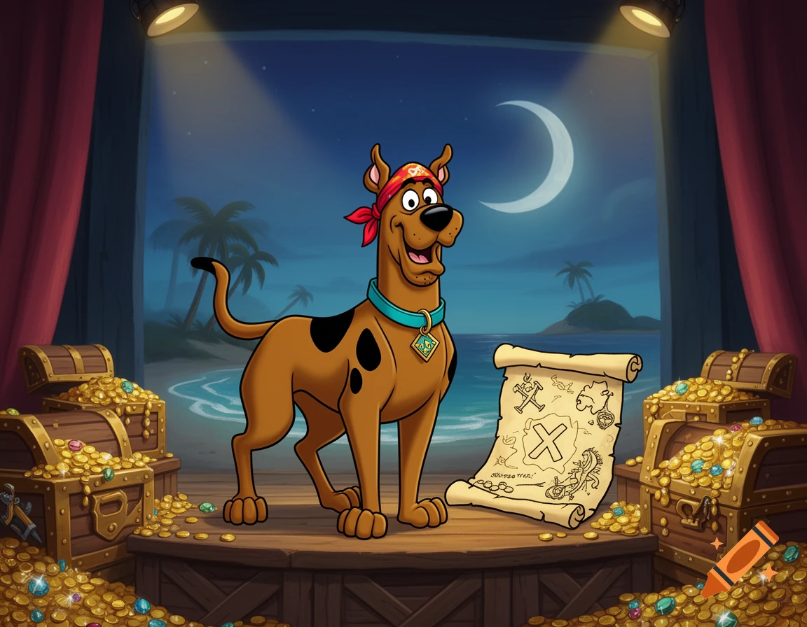 Cartoon Scooby-Doo as a pirate on a stage with treasure chests, coins, and a map, with a night beach background.