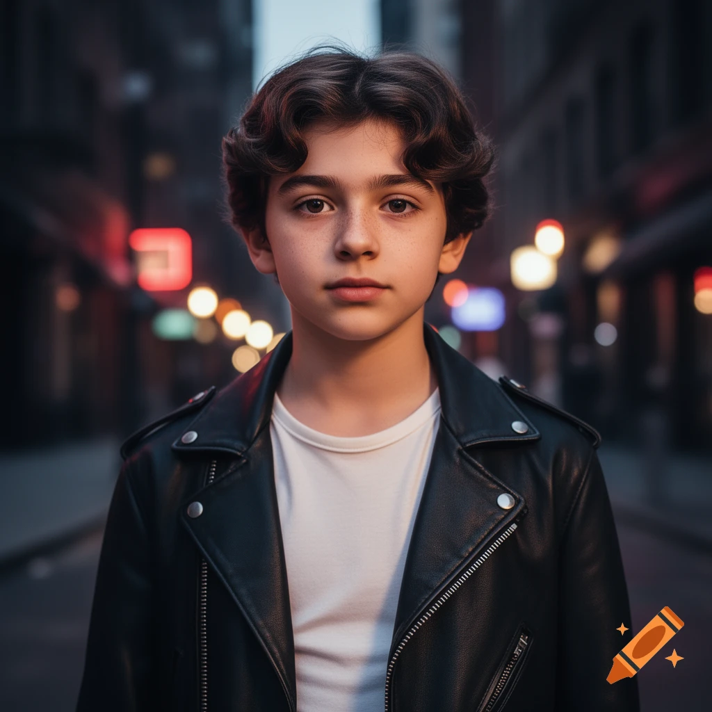 Photorealistic portrait of a young boy with curly hair and freckles in a leather jacket on a city street at night.