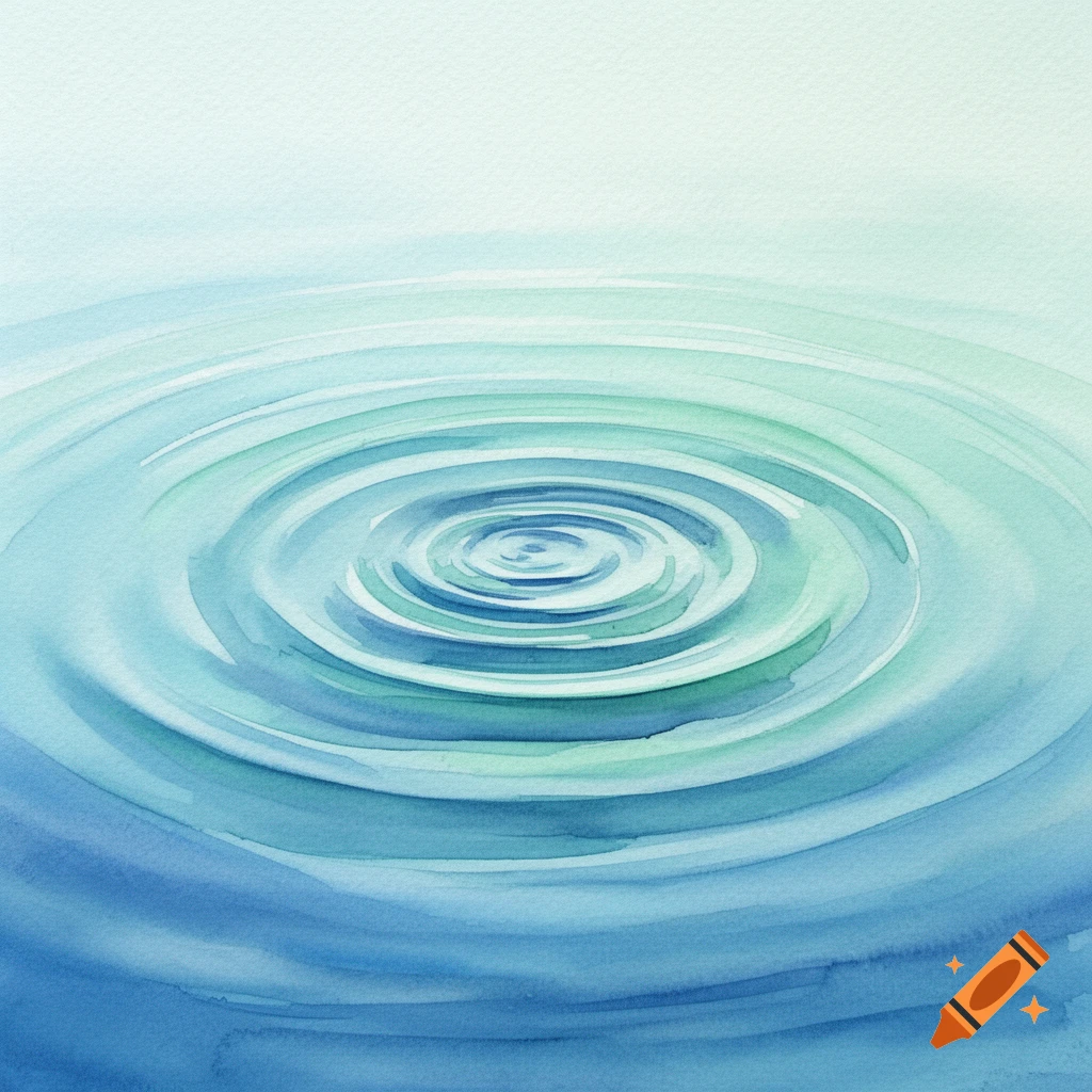 Abstract watercolor painting of concentric ripples spreading across a surface of blue and green water.