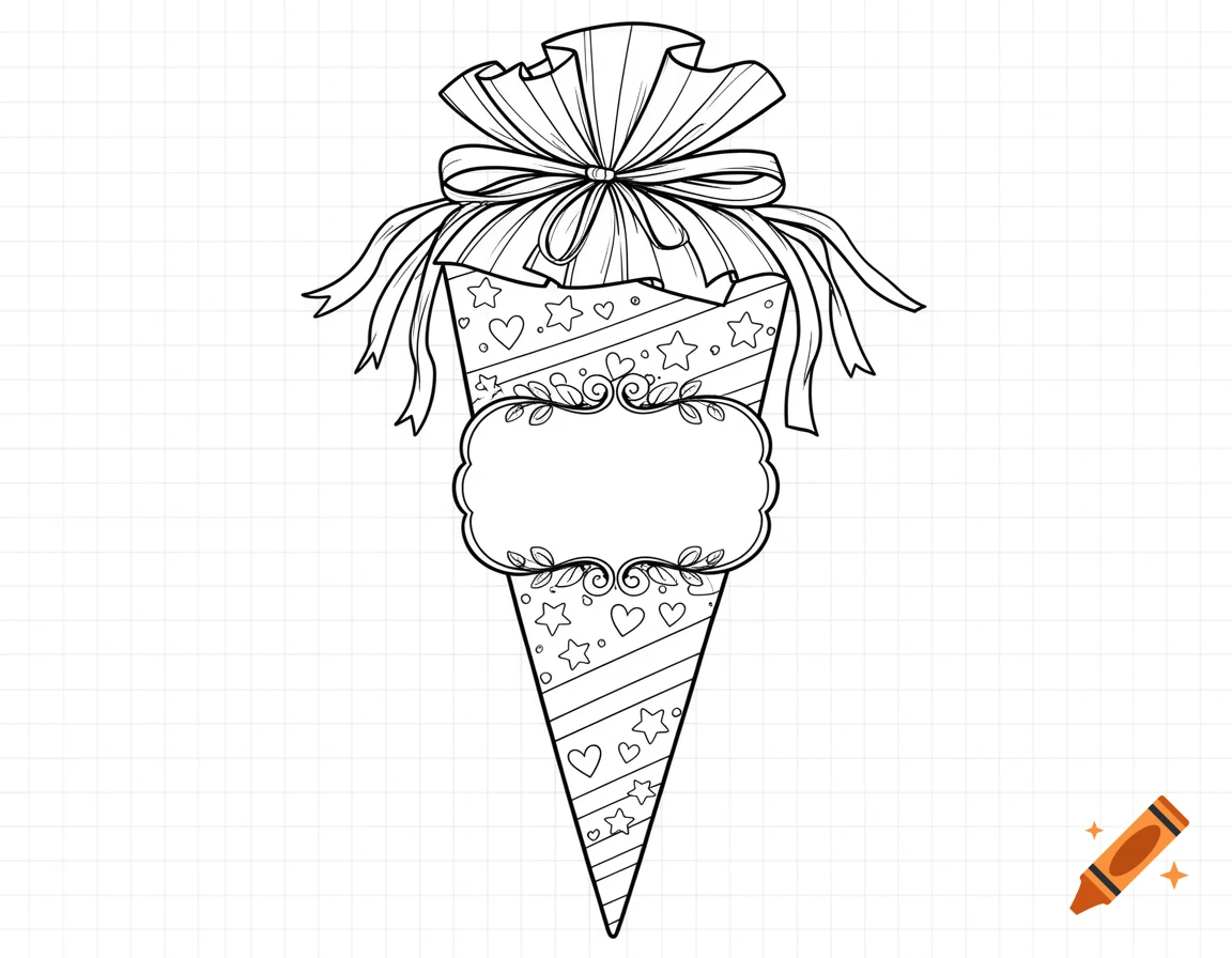 Black and white line art coloring page of a school cone adorned with a bow, ribbons, stars, hearts, and a blank label for text.