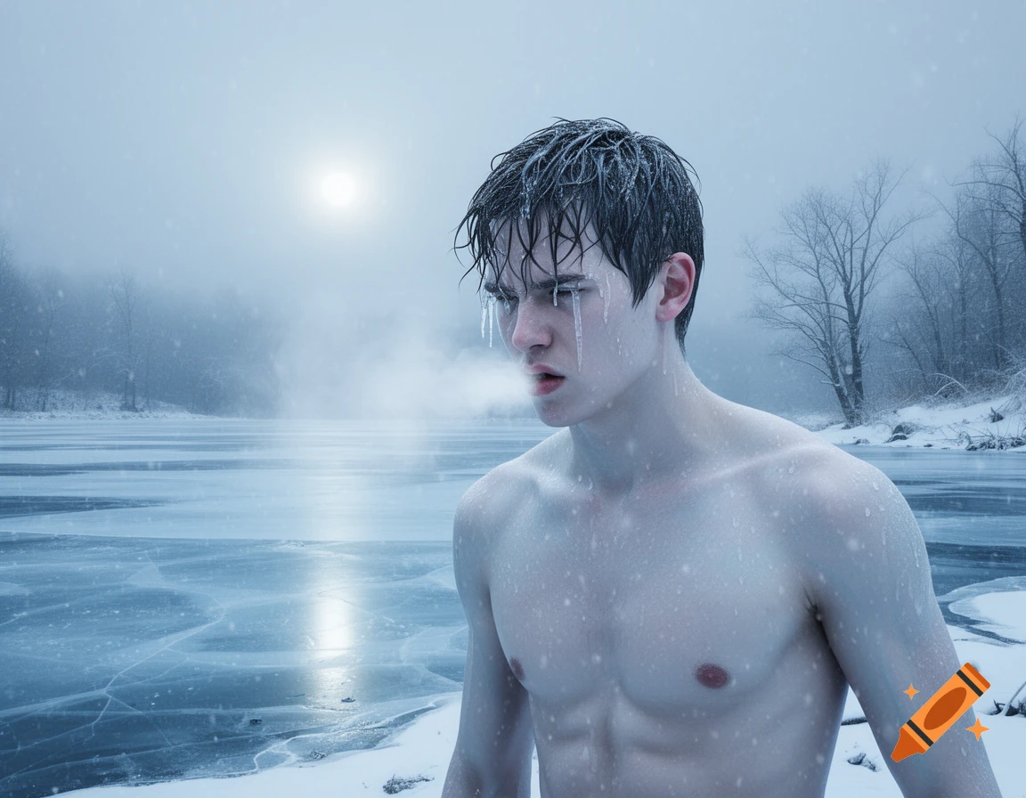 Photorealistic image of a young man with wet hair and icicles on his face, shivering by a frozen lake in a snowy winter landscape.