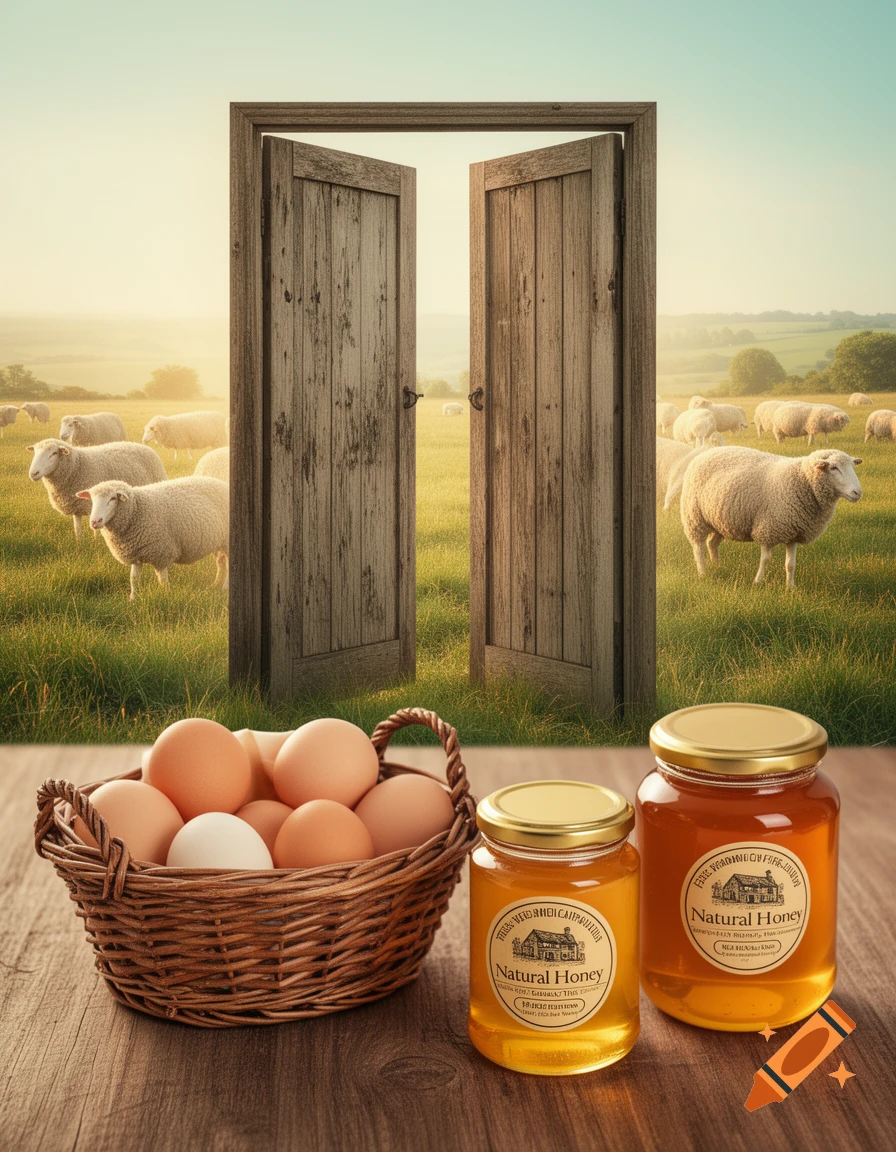 A rustic scene featuring a basket of eggs and two jars of honey on a wooden table, with an open wooden door leading to a field of sheep in the background.