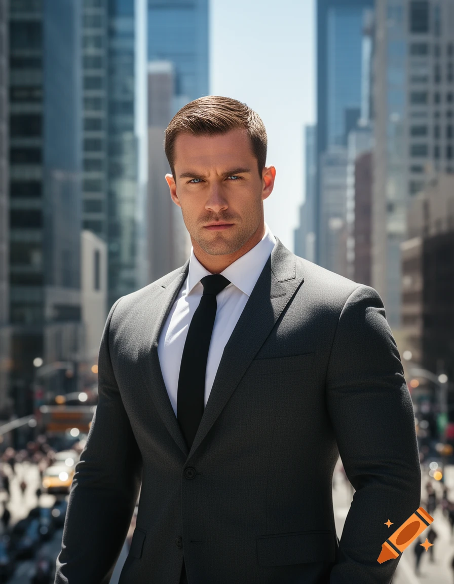 A serious man in a dark gray suit and black tie stands in a busy city street with tall buildings in the background.