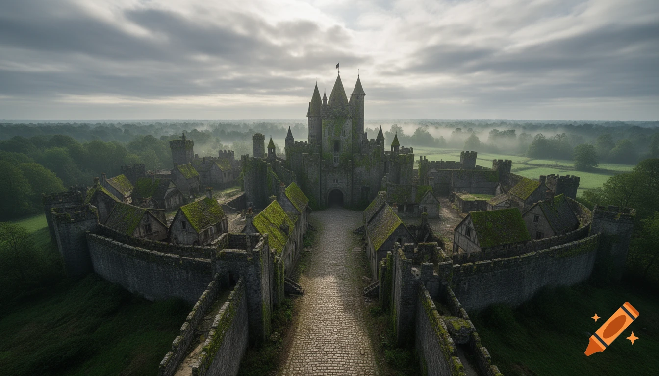 Aerial view of a moss-covered medieval castle and village under a cloudy sky, surrounded by green forests.
