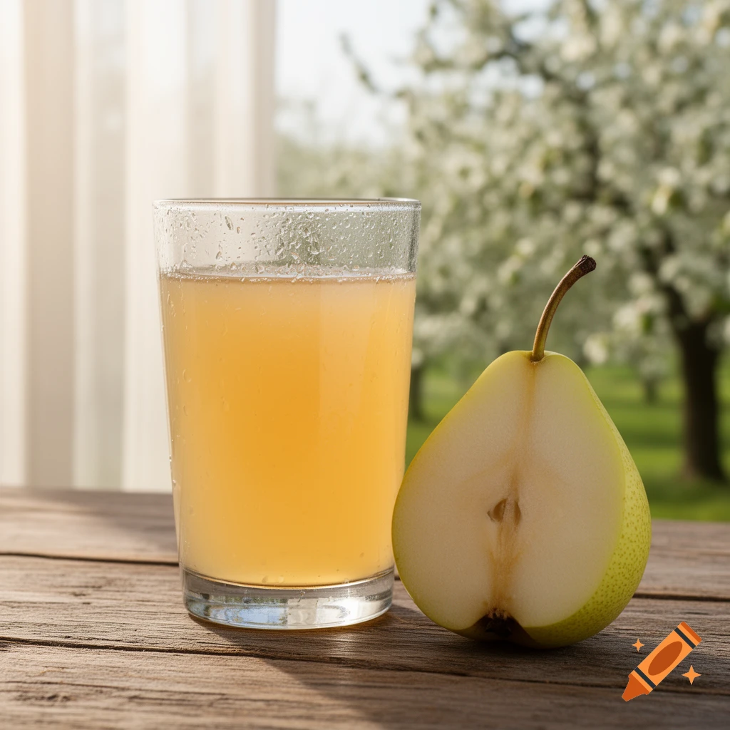 A glass of pear juice and a halved pear on a wooden table outdoors, with a blurred white flowering tree in the background.