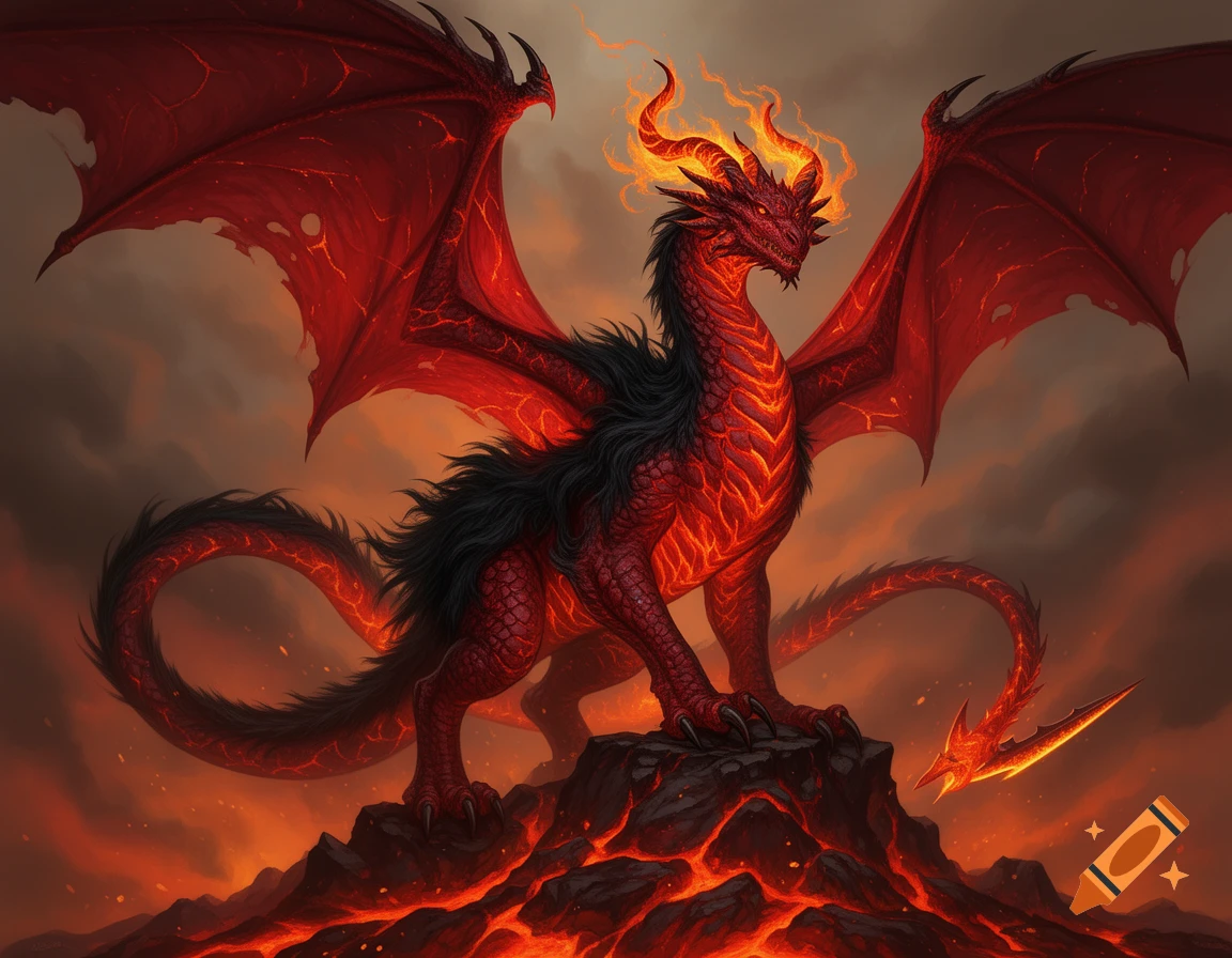 A majestic red dragon with fiery horns and glowing scales, black fur on its back, stands on volcanic rock amid a fiery landscape.