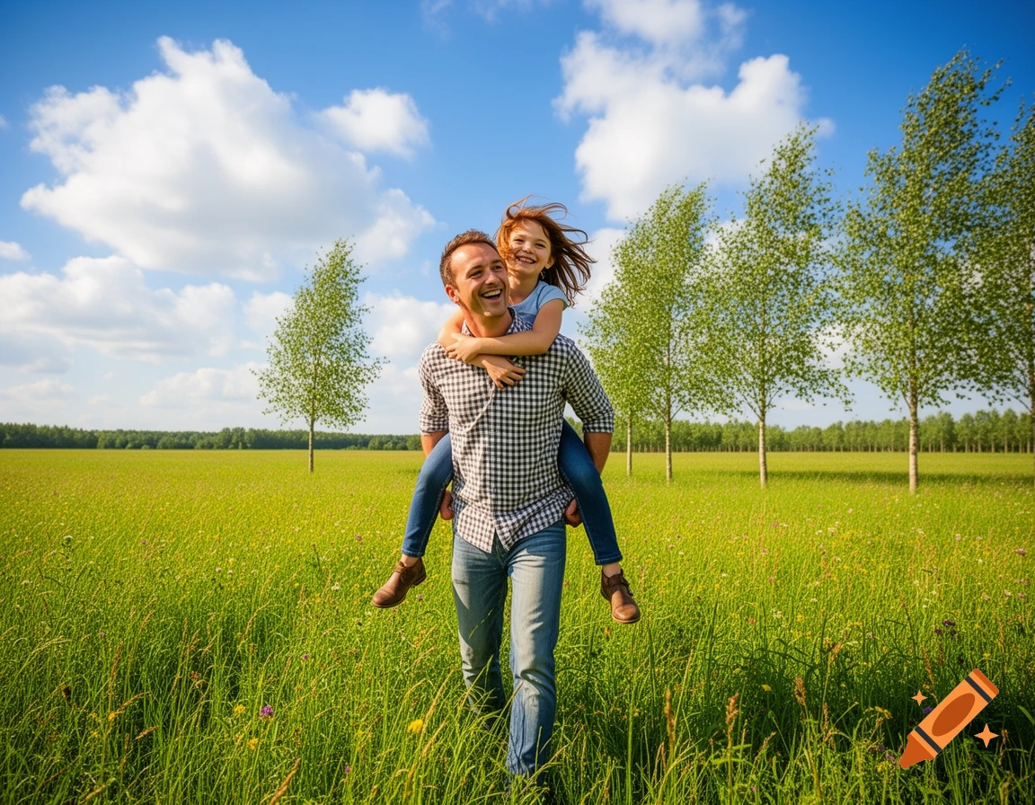 A smiling man gives a girl a piggyback ride in a sunny green field with tall trees under a blue sky.